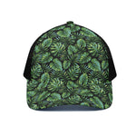 Tropical Monstera Leaves Pattern Print Black Mesh Trucker Cap