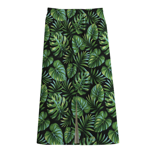 Tropical Monstera Leaves Pattern Print Cotton Front Slit Maxi Skirt