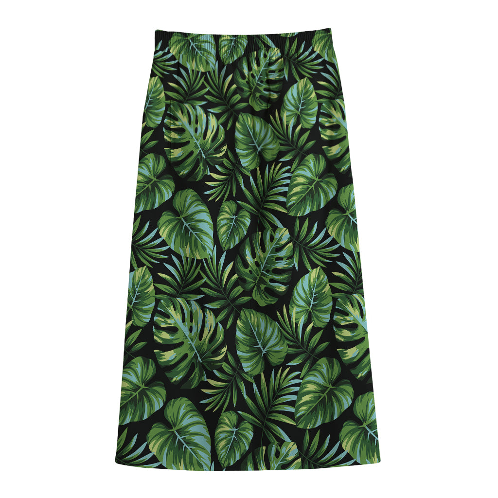 Tropical Monstera Leaves Pattern Print Cotton Front Slit Maxi Skirt