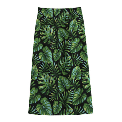 Tropical Monstera Leaves Pattern Print Cotton Front Slit Maxi Skirt
