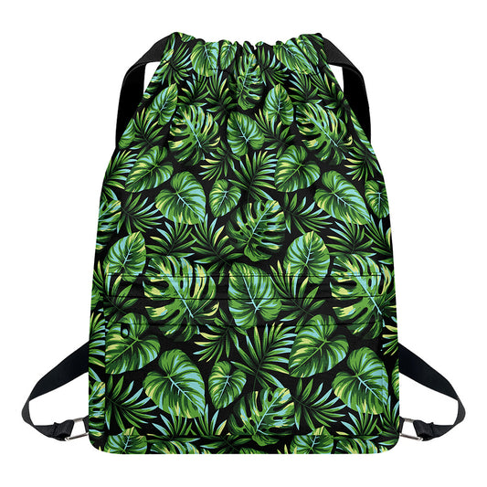Tropical Monstera Leaves Pattern Print Drawstring Backpack