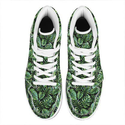 Tropical Monstera Leaves Pattern Print High Top Leather Sneakers