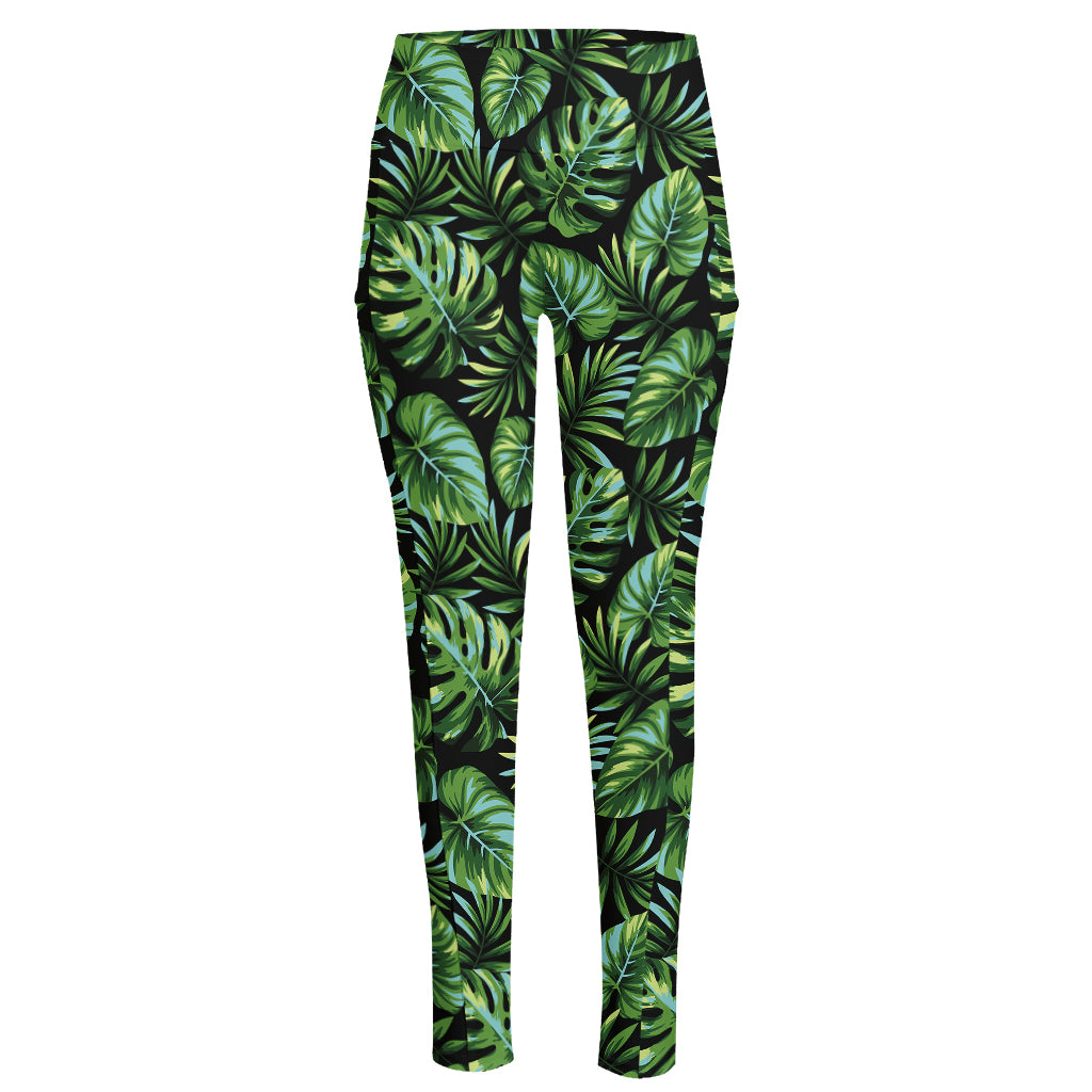 Tropical Monstera Leaves Pattern Print High-Waisted Pocket Leggings