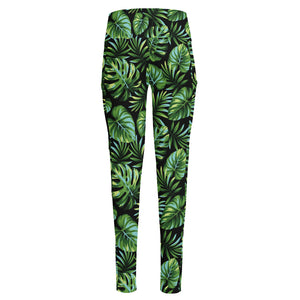 Tropical Monstera Leaves Pattern Print High-Waisted Pocket Leggings