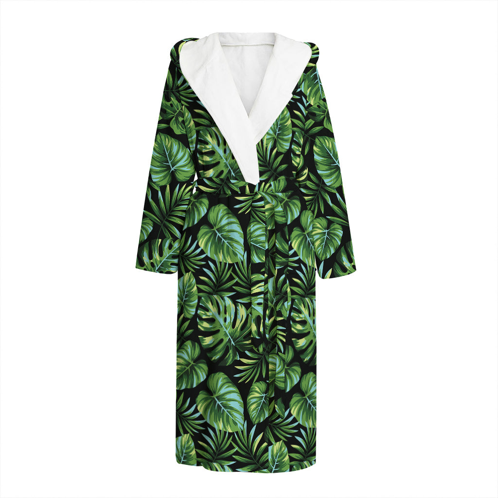 Tropical Monstera Leaves Pattern Print Hooded Bathrobe