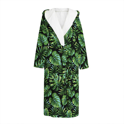 Tropical Monstera Leaves Pattern Print Hooded Bathrobe