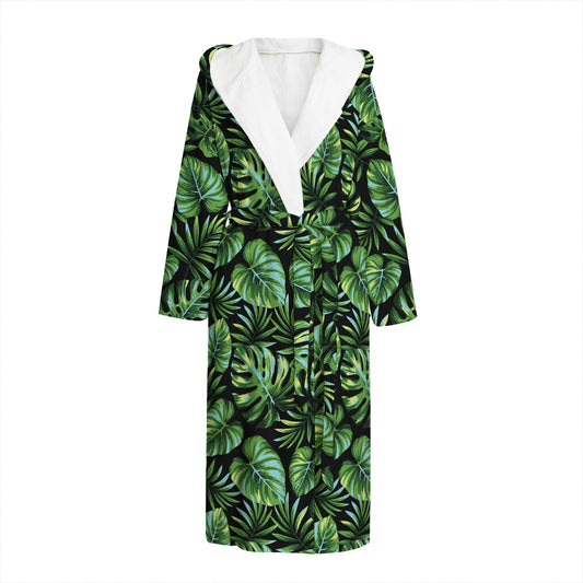 Tropical Monstera Leaves Pattern Print Hooded Bathrobe