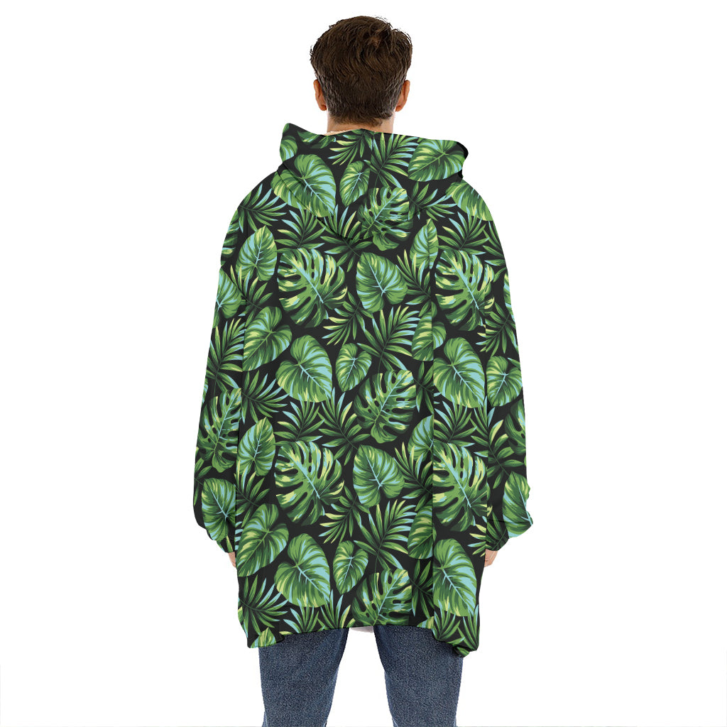 Tropical Monstera Leaves Pattern Print Hoodie Blanket