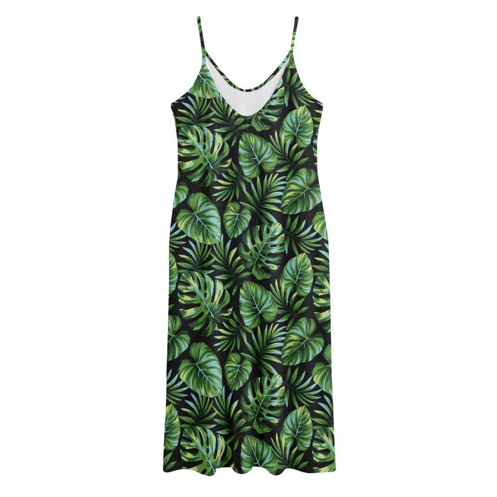 Tropical Monstera Leaves Pattern Print Jersey Midi Cami Dress