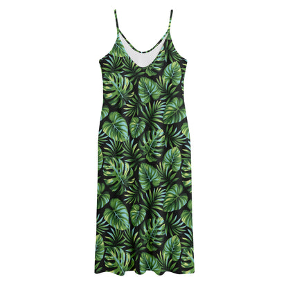 Tropical Monstera Leaves Pattern Print Jersey Midi Cami Dress