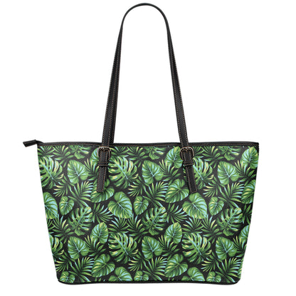 Tropical Monstera Leaves Pattern Print Leather Tote Bag