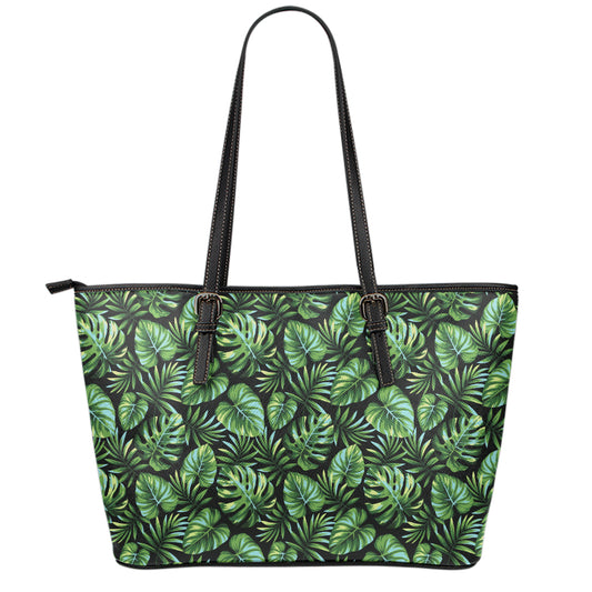 Tropical Monstera Leaves Pattern Print Leather Tote Bag