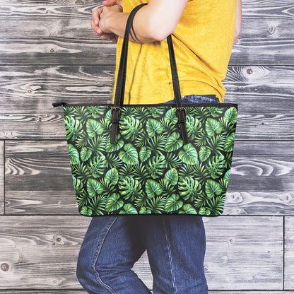 Tropical Monstera Leaves Pattern Print Leather Tote Bag