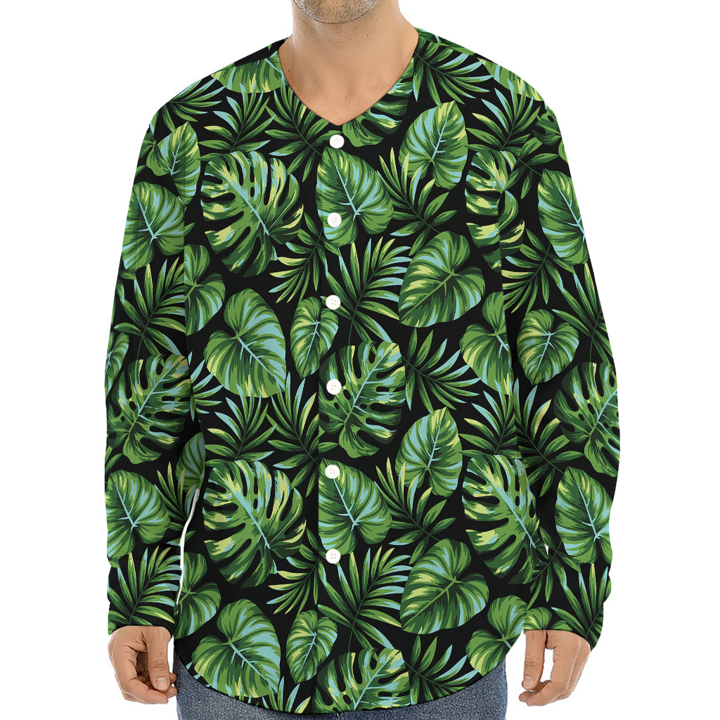 Tropical Monstera Leaves Pattern Print Long Sleeve Baseball Jersey