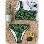 Tropical Monstera Leaves Pattern Print One Shoulder Bikini Top