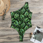 Tropical Monstera Leaves Pattern Print One Shoulder Bodysuit
