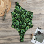 Tropical Monstera Leaves Pattern Print One Shoulder Bodysuit