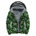Tropical Monstera Leaves Pattern Print Sherpa Lined Zip Up Hoodie