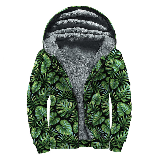 Tropical Monstera Leaves Pattern Print Sherpa Lined Zip Up Hoodie