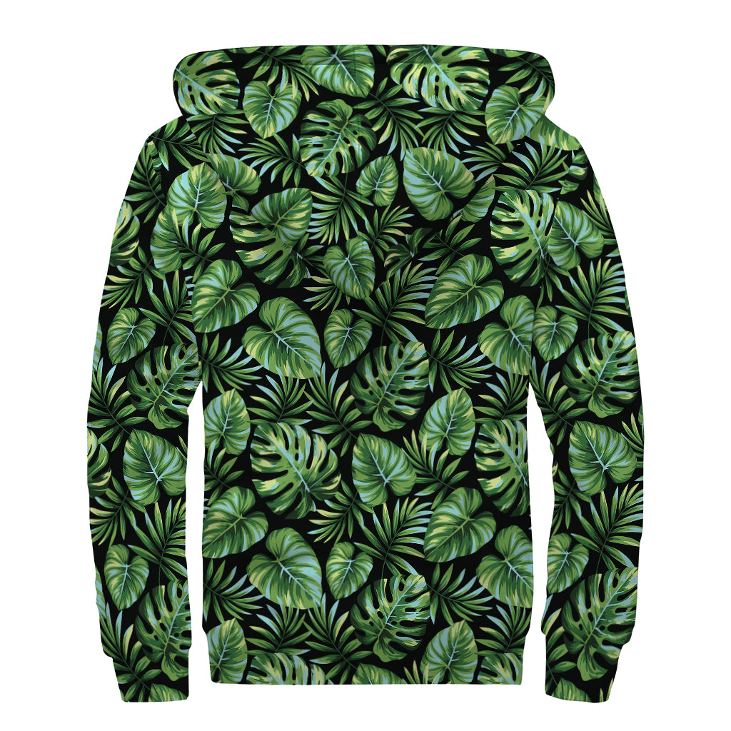 Tropical Monstera Leaves Pattern Print Sherpa Lined Zip Up Hoodie