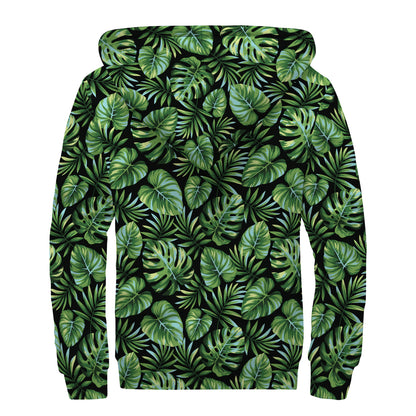 Tropical Monstera Leaves Pattern Print Sherpa Lined Zip Up Hoodie