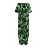 Tropical Monstera Leaves Pattern Print Short Sleeve Long Nightdress