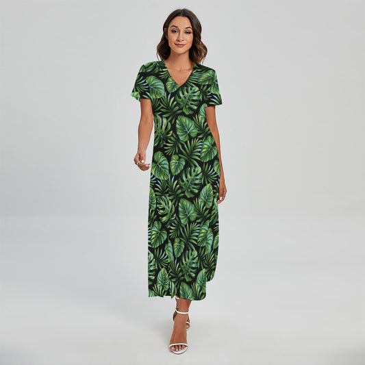 Tropical Monstera Leaves Pattern Print Short Sleeve Maxi Dress