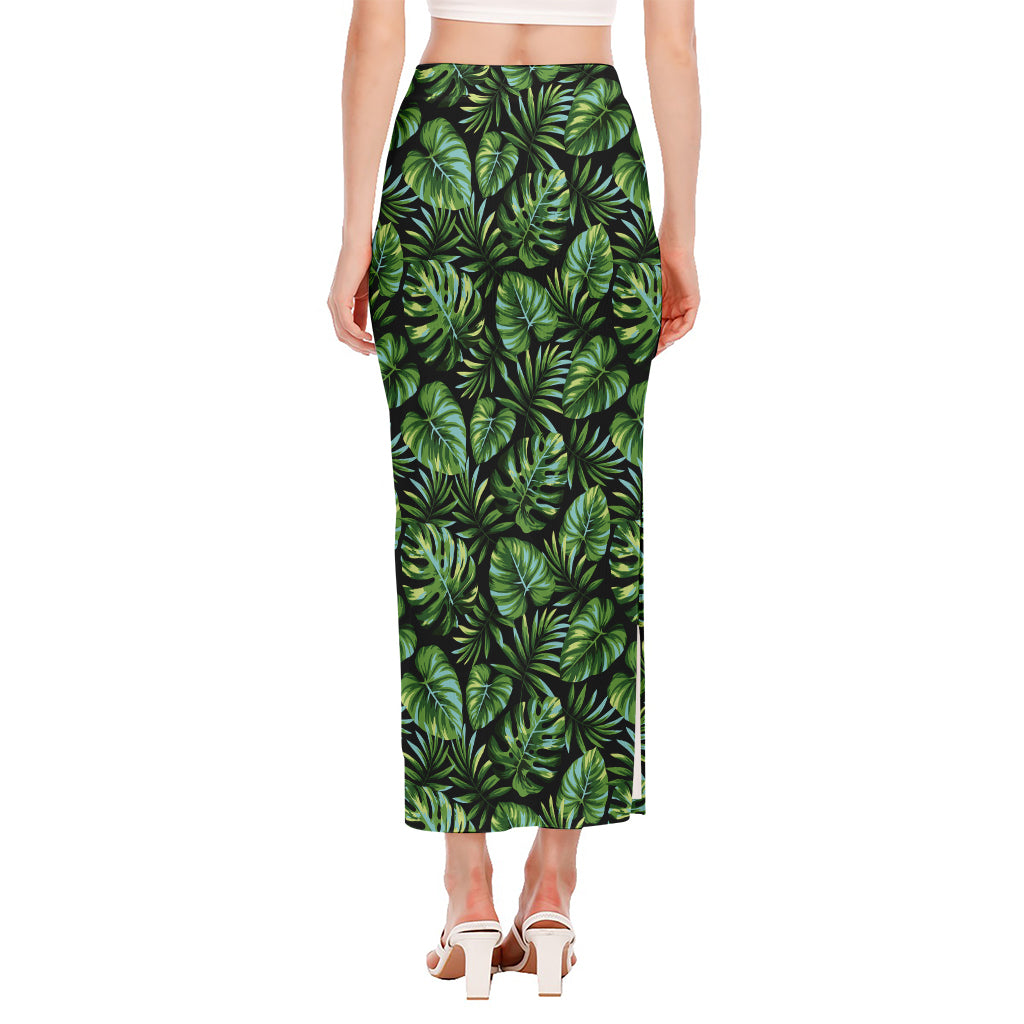 Tropical Monstera Leaves Pattern Print Side Slit Maxi Skirt