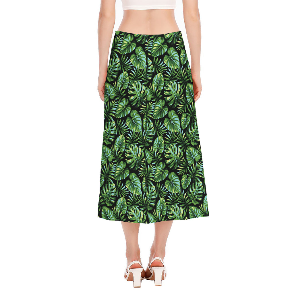 Tropical Monstera Leaves Pattern Print Side Slit Midi Skirt