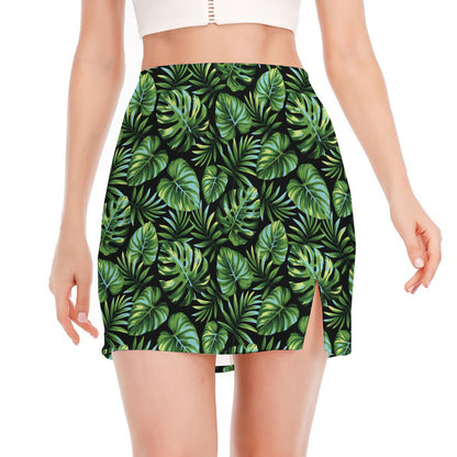 Tropical Monstera Leaves Pattern Print Side Slit Mini Skirt