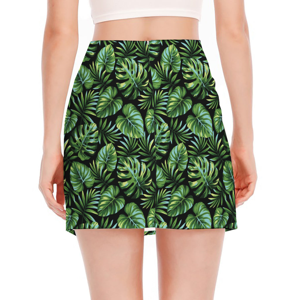 Tropical Monstera Leaves Pattern Print Side Slit Mini Skirt