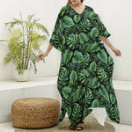 Tropical Monstera Leaves Pattern Print Silk V-Neck Kaftan Dress