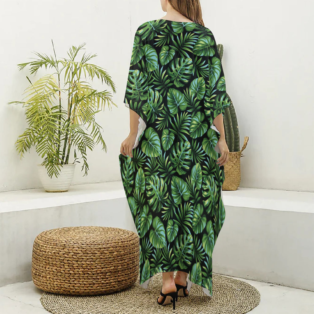 Tropical Monstera Leaves Pattern Print Silk V-Neck Kaftan Dress