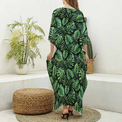 Tropical Monstera Leaves Pattern Print Silk V-Neck Kaftan Dress