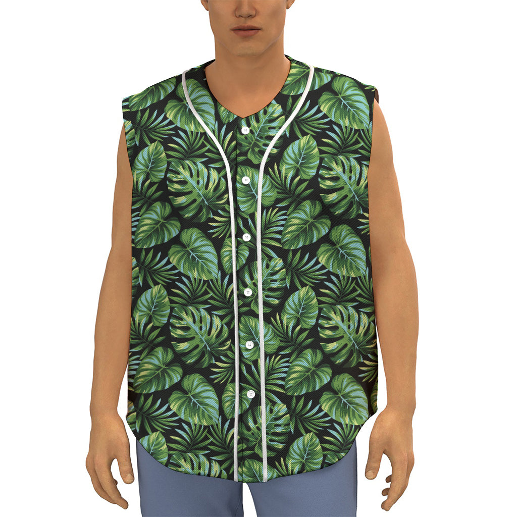 Tropical Monstera Leaves Pattern Print Sleeveless Baseball Jersey