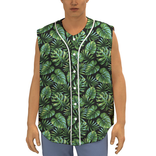 Tropical Monstera Leaves Pattern Print Sleeveless Baseball Jersey