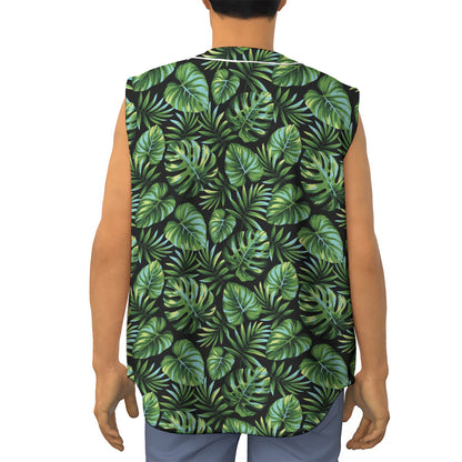 Tropical Monstera Leaves Pattern Print Sleeveless Baseball Jersey