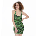 Tropical Monstera Leaves Pattern Print Sleeveless Bodycon Dress