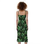 Tropical Monstera Leaves Pattern Print Slim Fit Midi Cami Dress