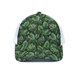 Tropical Monstera Leaves Pattern Print White Mesh Trucker Cap