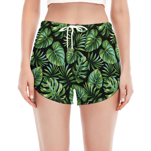 Tropical Monstera Leaves Pattern Print Women's Split Running Shorts