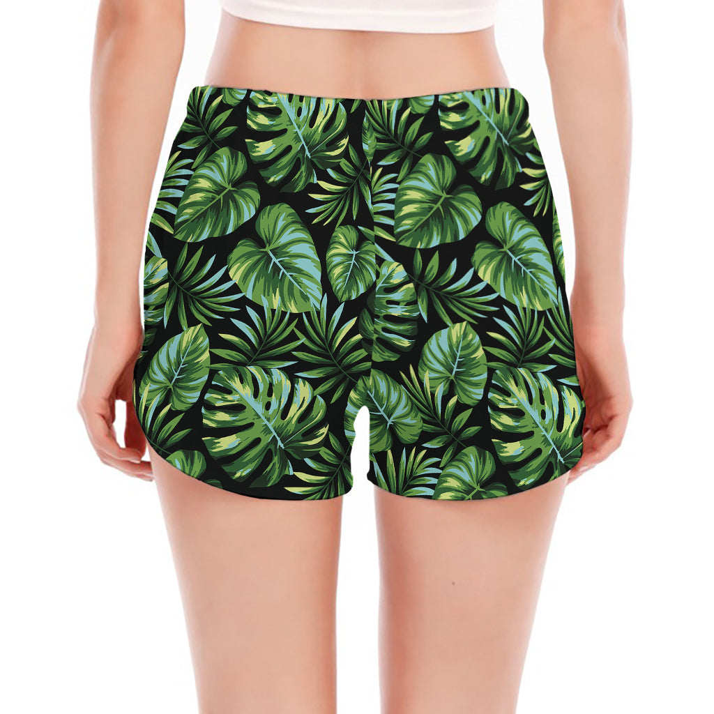 Tropical Monstera Leaves Pattern Print Women's Split Running Shorts