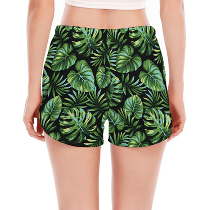 Tropical Monstera Leaves Pattern Print Women's Split Running Shorts