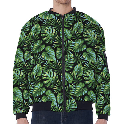 Tropical Monstera Leaves Pattern Print Zip Sleeve Bomber Jacket