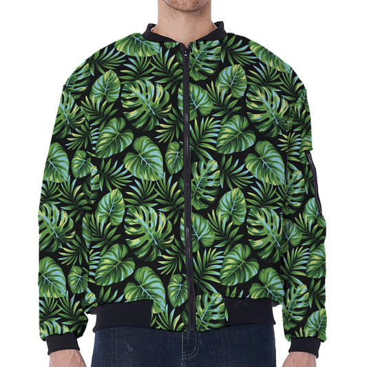 Tropical Monstera Leaves Pattern Print Zip Sleeve Bomber Jacket
