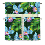 Tropical Orchid Flower Pattern Print 3 Piece Kitchen Curtains