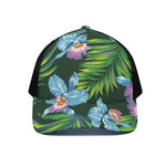 Tropical Orchid Flower Pattern Print Black Mesh Trucker Cap
