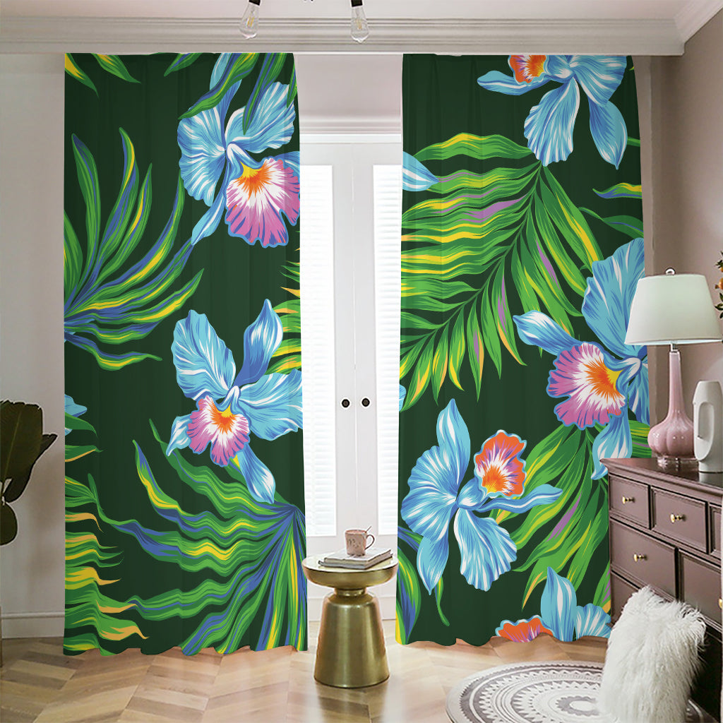 Tropical Orchid Flower Pattern Print Blackout Pencil Pleat Curtains