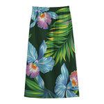 Tropical Orchid Flower Pattern Print Cotton Front Slit Maxi Skirt