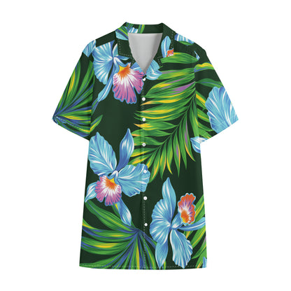 Tropical Orchid Flower Pattern Print Cotton Hawaiian Shirt